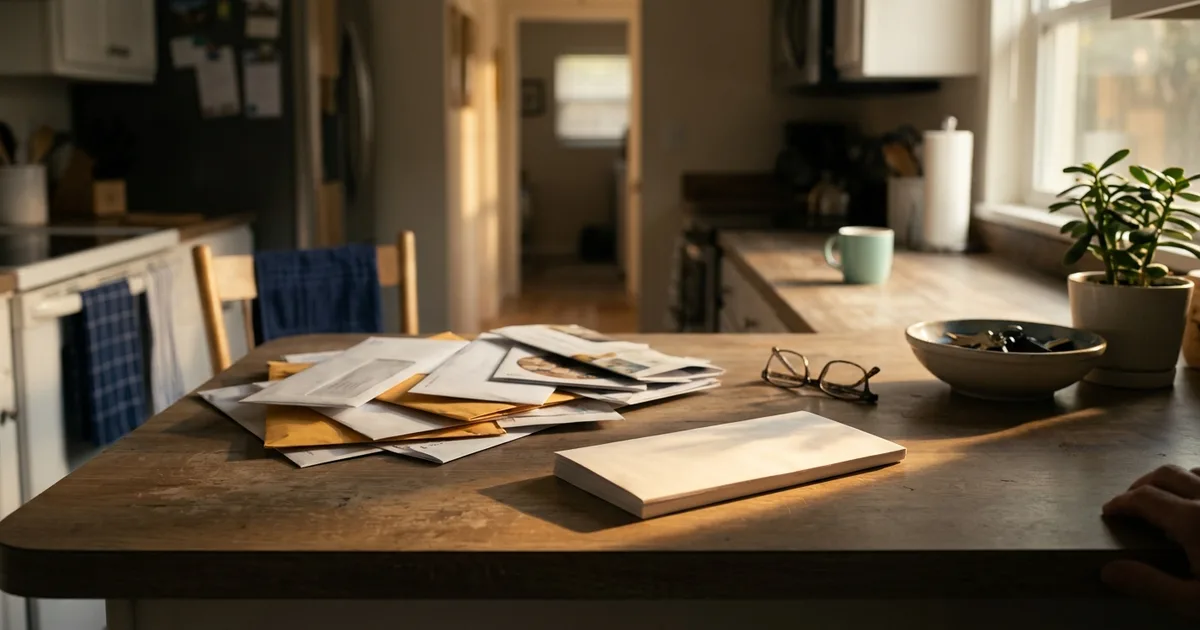 A stack of unopened fall mail on a kitchen table in warm late-afternoon light, one thick envelope pulled from the pile and set apart in the sun — the moment someone decides to open the letter instead of recycling it