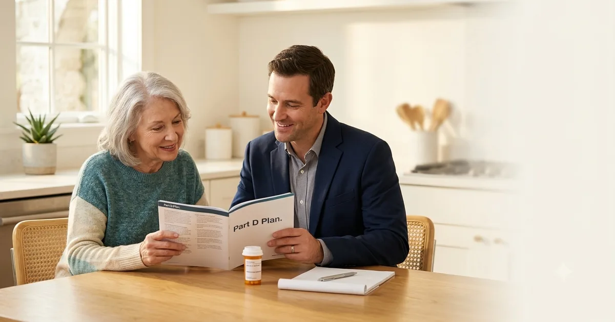 A St. Augustine senior and their independent insurance broker reviewing a Part D plan at a sunlit kitchen table, a prescription bottle and notepad between them, capturing the relief of finding out a new weight-loss drug might finally be affordable