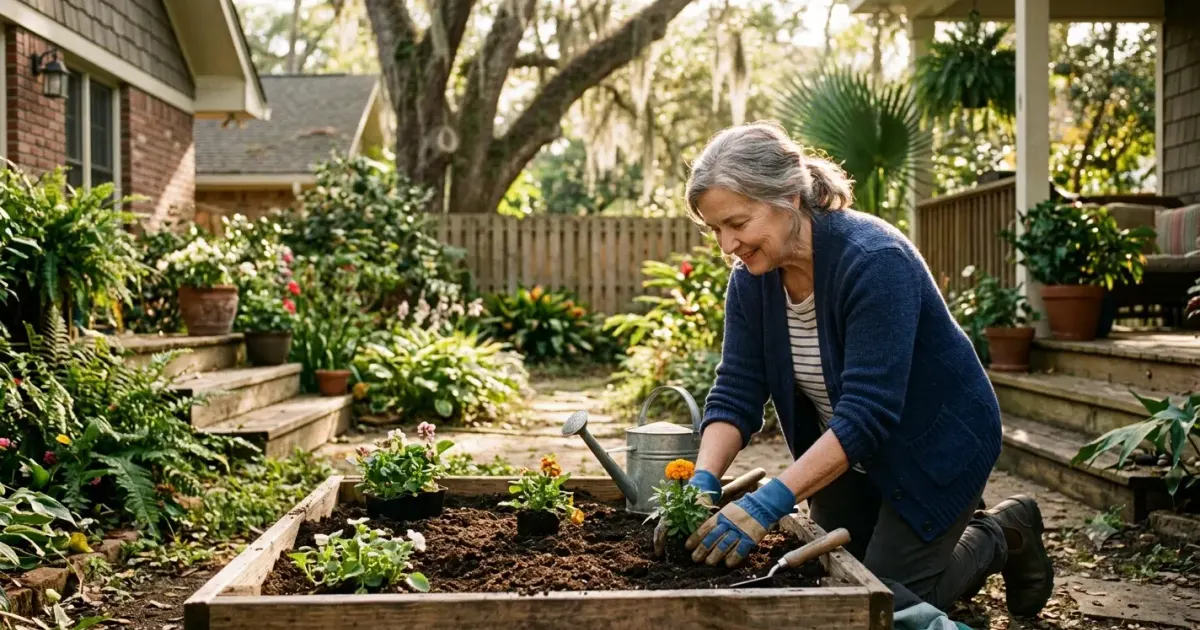 An older woman tending the flowers in her Jacksonville backyard garden on a warm morning, content and independent in her own home