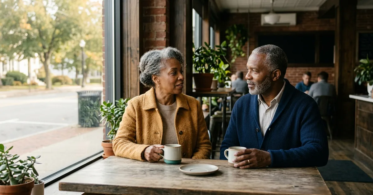 A couple in their late 60s at a coffee-shop window table in soft morning light, autumn street beyond the glass, unhurried over a second cup — the ease of having prepared for Medicare's enrollment window before it opened