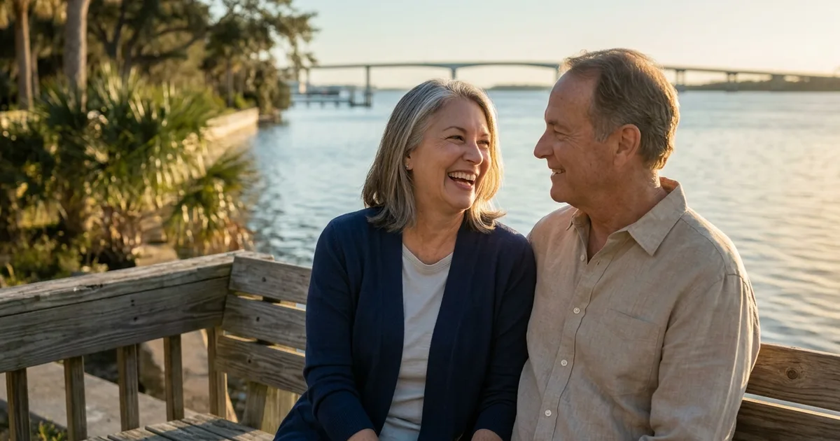 A couple in their late sixties on a bench overlooking the St. Johns River in Jacksonville at golden hour, one mid-laugh, unhurried — the settled feeling of knowing exactly what your coverage pays